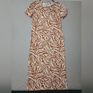 Nine West S Long Brown Print Causal Lounge Short Sleeve Shirt Dress Beach Boho